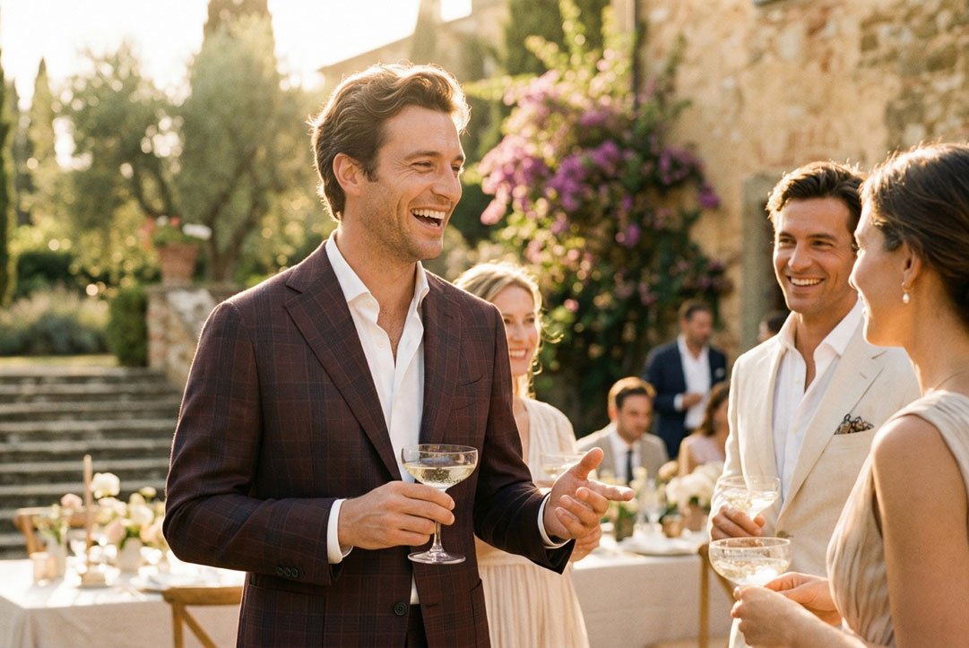 Maggiore Hand-Sewn Sport Jacket - Burgundy Box Pattern for warm weather occasions – breathable summer wedding suit alternative from DELETTO 